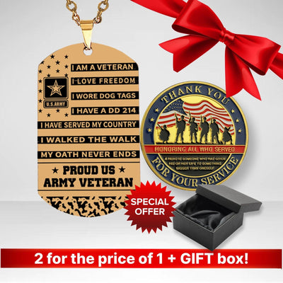 Buy one get two: gift set of engraved personalized veteran dog tag and coin in luxury box - Galaxate