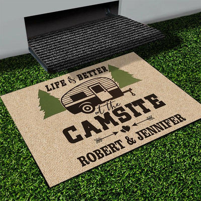 Personalized camping door mat with your name - Life is better - Galaxate