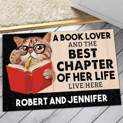 Personalized booklover door mat with your name - Cat with book - Galaxate